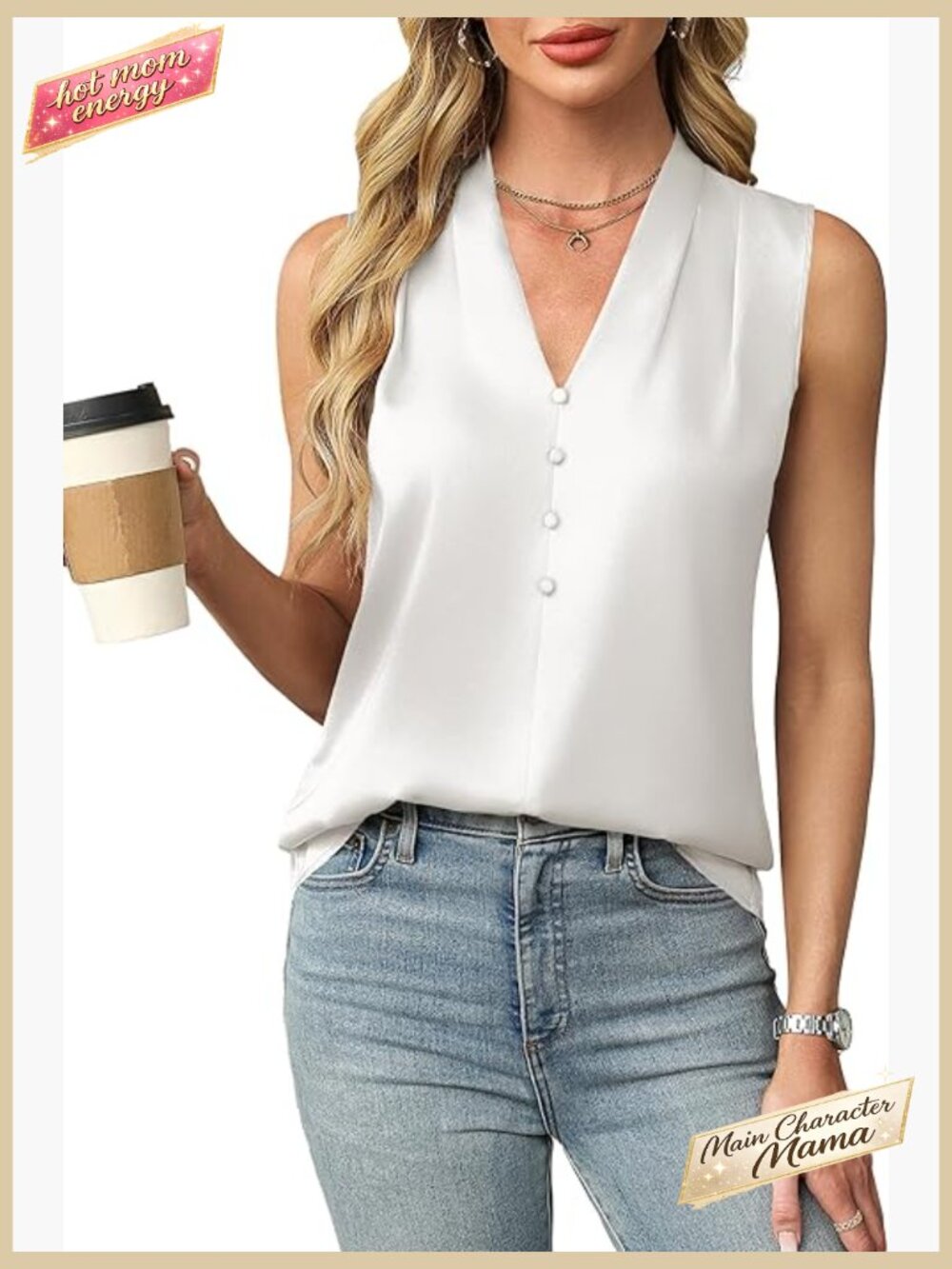 Silk Blend Sleeveless V Neck Tank Top Dressy Work Business Casual Blouse